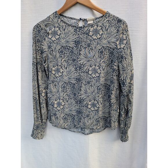 Morris & Co x H&M Womens Floral Smocked Sleeve Blouse Sz 2 Blue Romantic - Picture 1 of 10